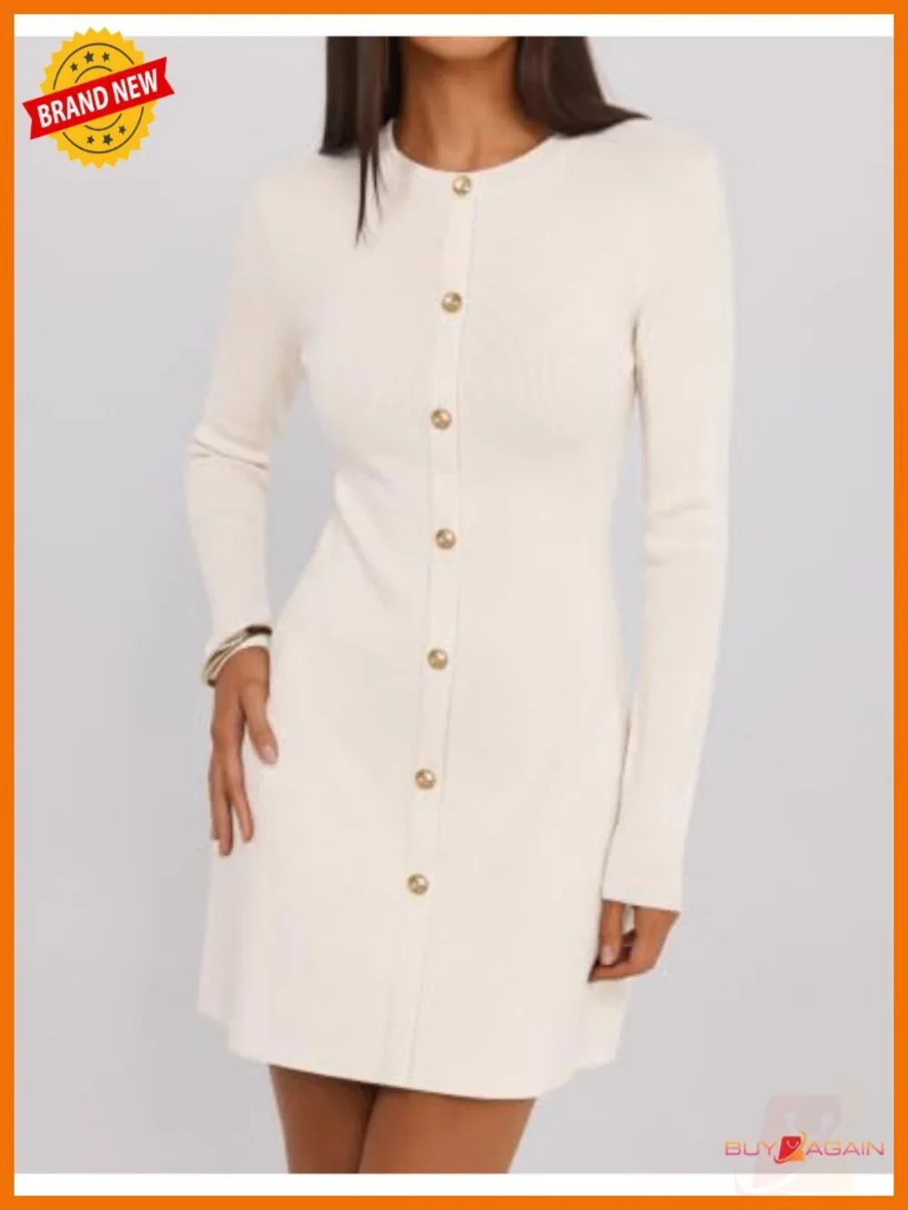 ZESICA Long Sleeve Mini Sweater Dress Crew Neck Button Front Work Office